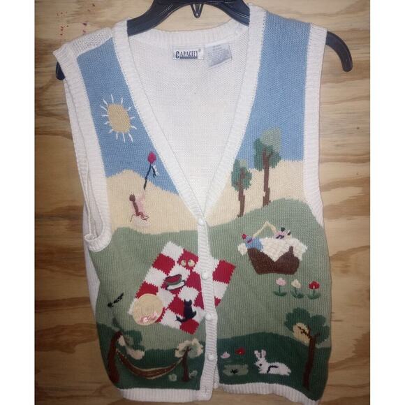Vintage Jackets & Blazers - Women's Knit Vest Scenic Whimsical Novelty Button Front Medium Country